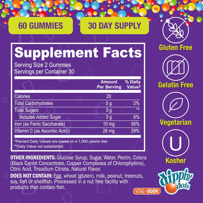 Vital+Boon Eisen mit Vitamin C & B12 Gummibärchen (60 Stück) – Vital für die Bildung roter Blutkörperchen | Trauben-Geschmack, echte Fruchtpektin-Kaubonbons | Vegan, Nicht-GVO, Glutenfrei & Gelatinefrei
