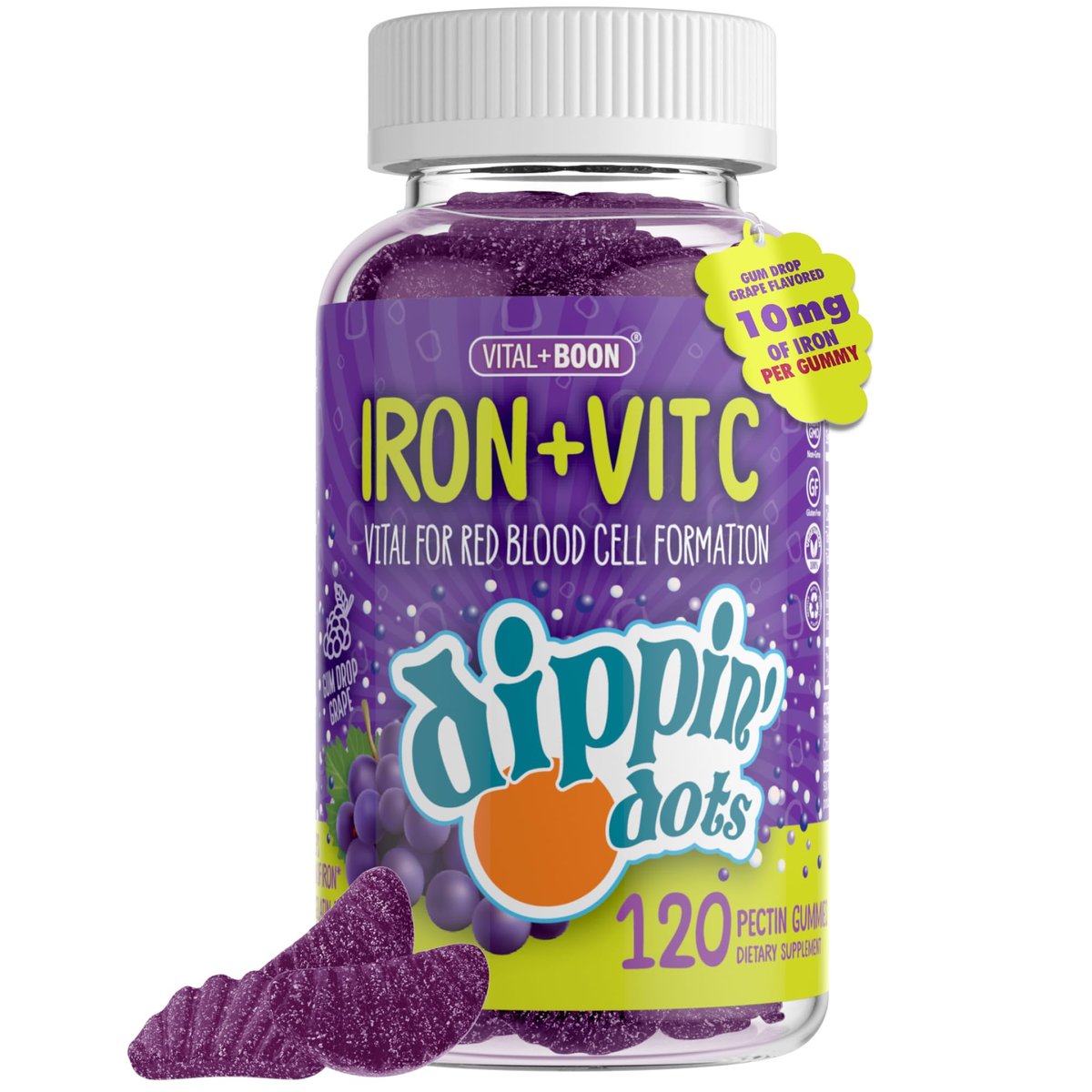 Vital+Boon Eisen mit Vitamin C & B12 Gummibärchen (120 Stück) – Für die Bildung roter Blutkörperchen – Trauben-Gumdrop mit echtem Pektin – Vegan, Non-GMO, glutenfrei & gelatinefrei