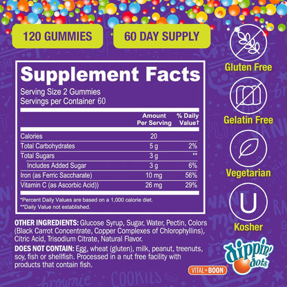 Vital+Boon Eisen mit Vitamin C & B12 Gummibärchen (120 Stück) – Für die Bildung roter Blutkörperchen – Trauben-Gumdrop mit echtem Pektin – Vegan, Non-GMO, glutenfrei & gelatinefrei