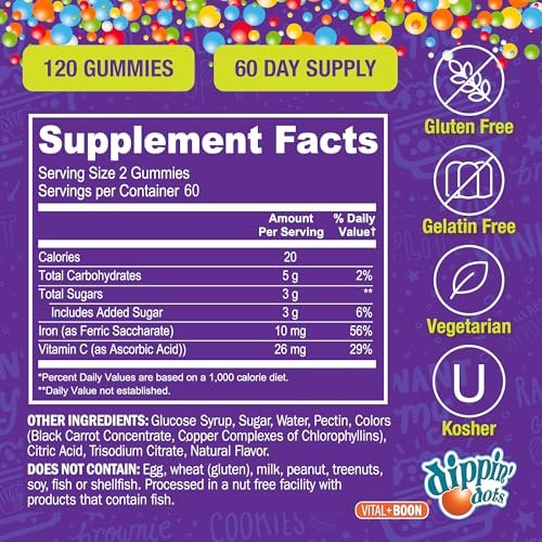 Vital+Boon Eisen mit Vitamin C & B12 Gummibärchen (120 Stück) – Für die Bildung roter Blutkörperchen – Trauben-Gumdrop mit echtem Pektin – Vegan, Non-GMO, glutenfrei & gelatinefrei