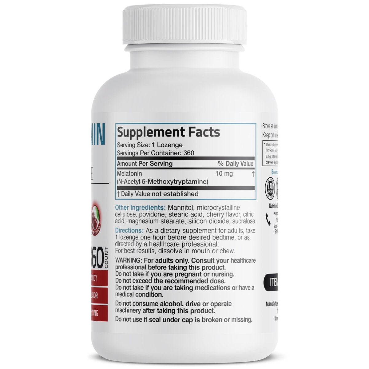 Bronson Melatonin 10 mg Kirschgeschmack – Schnell lösliche Tabletten, 360 Stück, Vegetarische Lutschtabletten
