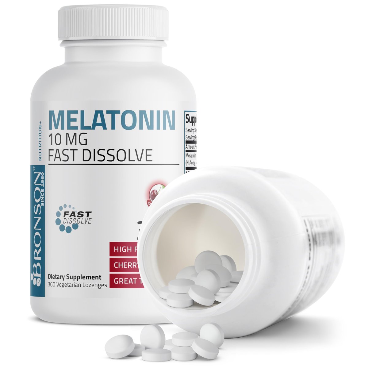 Bronson Melatonin 10 mg Kirschgeschmack – Schnell lösliche Tabletten, 360 Stück, Vegetarische Lutschtabletten