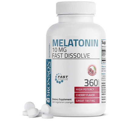 Bronson Melatonin 10 mg Kirschgeschmack – Schnell lösliche Tabletten, 360 Stück, Vegetarische Lutschtabletten