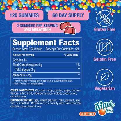 Dippin Dots Melatonin Gummies für Kinder & Erwachsene (60 Tage Vorrat) Erdbeer-Sonnenuntergang-Creme Geschmack | 2,5 mg pro Gummibärchen für schnelleren, längeren Schlaf | Gummibärchen für Kinder (120 Stück)