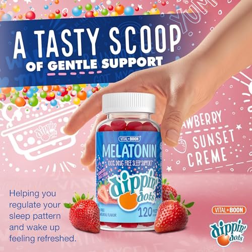 Dippin Dots Melatonin Gummies für Kinder & Erwachsene (60 Tage Vorrat) Erdbeer-Sonnenuntergang-Creme Geschmack | 2,5 mg pro Gummibärchen für schnelleren, längeren Schlaf | Gummibärchen für Kinder (120 Stück)