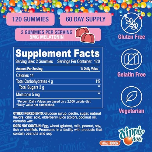 Dippin Dots Melatonin Gummies für Kinder & Erwachsene (60 Tage Vorrat) Erdbeer-Sonnenuntergang-Creme Geschmack | 2,5 mg pro Gummibärchen für schnelleren, längeren Schlaf | Gummibärchen für Kinder (120 Stück)