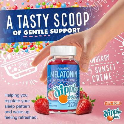 Dippin Dots Melatonin Gummies für Kinder & Erwachsene (60 Tage Vorrat) Erdbeer-Sonnenuntergang-Creme Geschmack | 2,5 mg pro Gummibärchen für schnelleren, längeren Schlaf | Gummibärchen für Kinder (120 Stück)