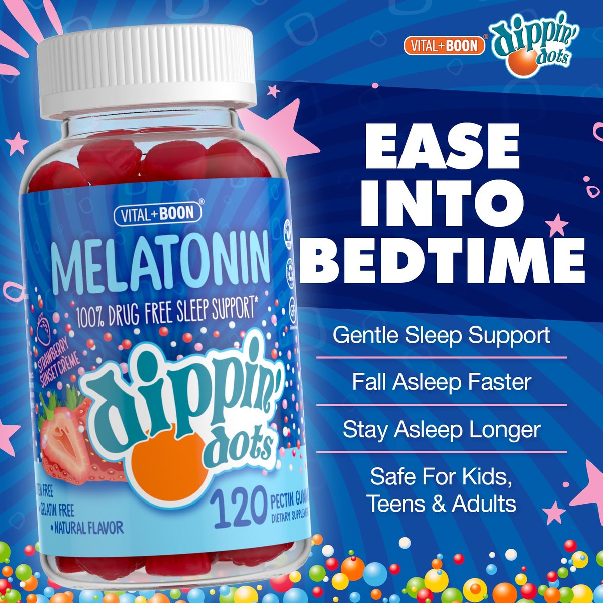 Dippin Dots Melatonin Gummies für Kinder & Erwachsene (60 Tage Vorrat) Erdbeer-Sonnenuntergang-Creme Geschmack | 2,5 mg pro Gummibärchen für schnelleren, längeren Schlaf | Gummibärchen für Kinder (120 Stück)