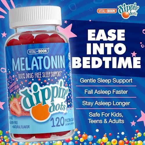 Dippin Dots Melatonin Gummies für Kinder & Erwachsene (60 Tage Vorrat) Erdbeer-Sonnenuntergang-Creme Geschmack | 2,5 mg pro Gummibärchen für schnelleren, längeren Schlaf | Gummibärchen für Kinder (120 Stück)