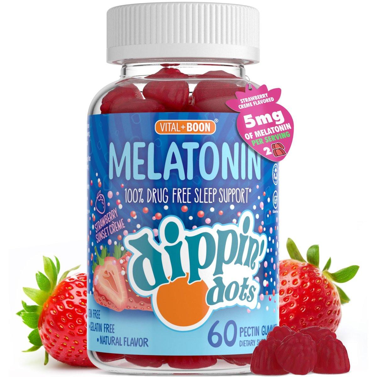 Dippin' Dots Melatonin Gummies für Kinder & Erwachsene (30-Tage-Vorrat) Erdbeer-Sonnenuntergang-Creme-Geschmack | 2,5 mg Melatonin pro Gummibärchen für besseren und längeren Schlaf | Gummibärchen für Kinder (60 Stück)