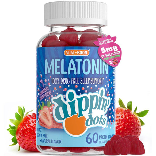 Dippin' Dots Melatonin Gummies für Kinder & Erwachsene (30-Tage-Vorrat) Erdbeer-Sonnenuntergang-Creme-Geschmack | 2,5 mg Melatonin pro Gummibärchen für besseren und längeren Schlaf | Gummibärchen für Kinder (60 Stück)
