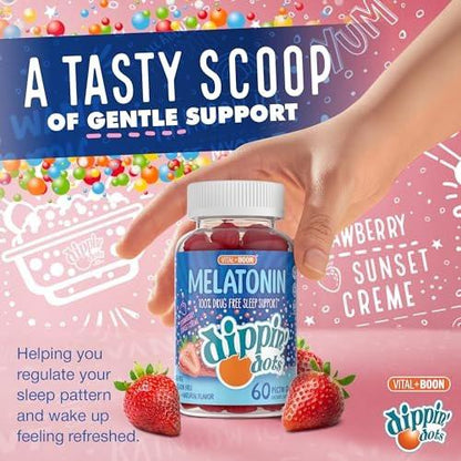 Dippin' Dots Melatonin Gummies für Kinder & Erwachsene (30-Tage-Vorrat) Erdbeer-Sonnenuntergang-Creme-Geschmack | 2,5 mg Melatonin pro Gummibärchen für besseren und längeren Schlaf | Gummibärchen für Kinder (60 Stück)