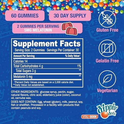 Dippin' Dots Melatonin Gummies für Kinder & Erwachsene (30-Tage-Vorrat) Erdbeer-Sonnenuntergang-Creme-Geschmack | 2,5 mg Melatonin pro Gummibärchen für besseren und längeren Schlaf | Gummibärchen für Kinder (60 Stück)