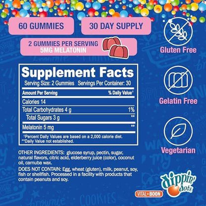 Dippin' Dots Melatonin Gummies für Kinder & Erwachsene (30-Tage-Vorrat) Erdbeer-Sonnenuntergang-Creme-Geschmack | 2,5 mg Melatonin pro Gummibärchen für besseren und längeren Schlaf | Gummibärchen für Kinder (60 Stück)
