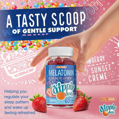 Dippin' Dots Melatonin Gummies für Kinder & Erwachsene (30-Tage-Vorrat) Erdbeer-Sonnenuntergang-Creme-Geschmack | 2,5 mg Melatonin pro Gummibärchen für besseren und längeren Schlaf | Gummibärchen für Kinder (60 Stück)