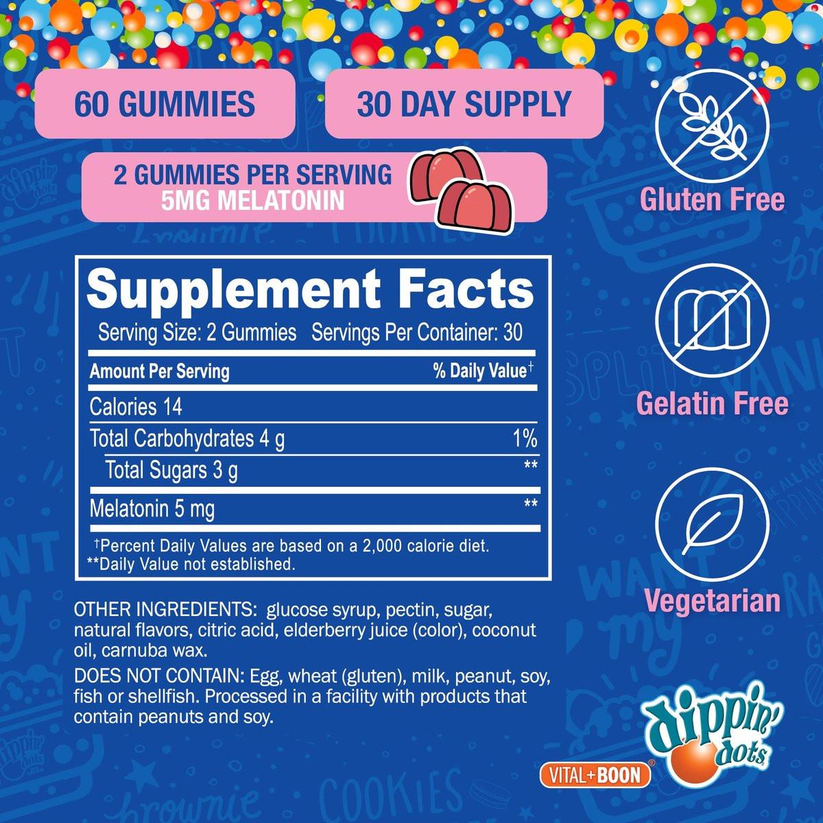 Dippin' Dots Melatonin Gummies für Kinder & Erwachsene (30-Tage-Vorrat) Erdbeer-Sonnenuntergang-Creme-Geschmack | 2,5 mg Melatonin pro Gummibärchen für besseren und längeren Schlaf | Gummibärchen für Kinder (60 Stück)