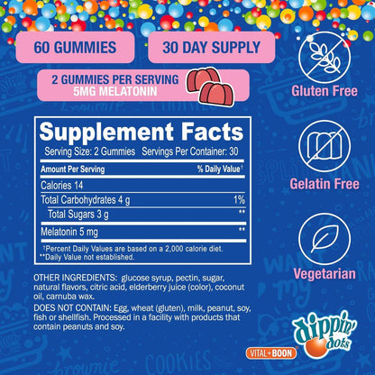 Dippin' Dots Melatonin Gummies für Kinder & Erwachsene (30-Tage-Vorrat) Erdbeer-Sonnenuntergang-Creme-Geschmack | 2,5 mg Melatonin pro Gummibärchen für besseren und längeren Schlaf | Gummibärchen für Kinder (60 Stück)