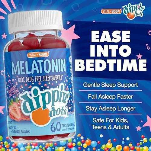 Dippin' Dots Melatonin Gummies für Kinder & Erwachsene (30-Tage-Vorrat) Erdbeer-Sonnenuntergang-Creme-Geschmack | 2,5 mg Melatonin pro Gummibärchen für besseren und längeren Schlaf | Gummibärchen für Kinder (60 Stück)
