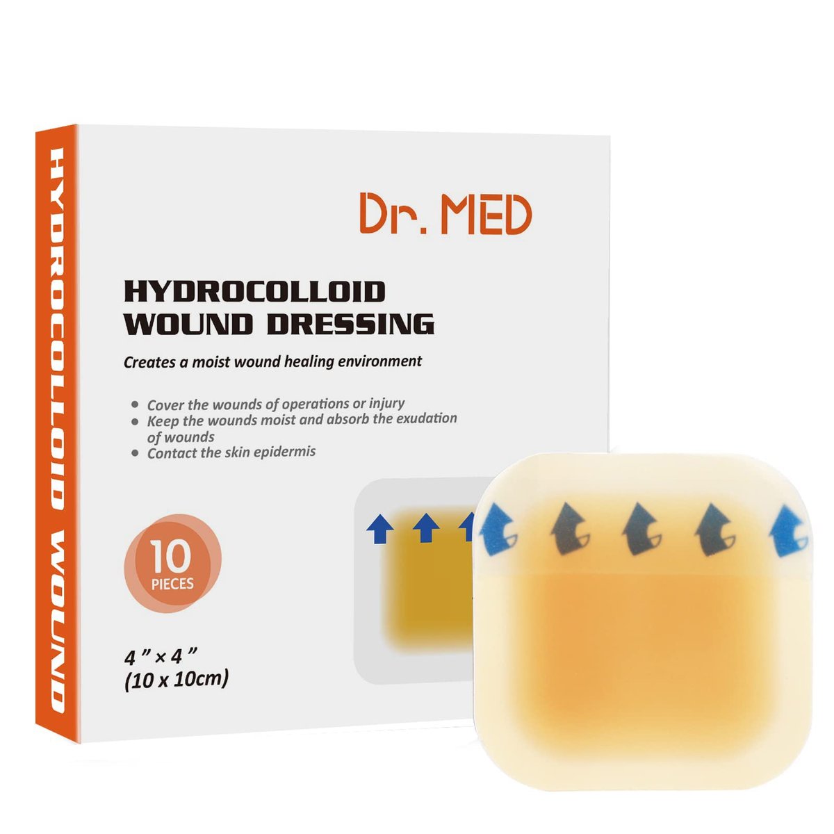 Dr. Med Hydrokolloid-Wundauflage 10x10cm - 10 Stück/Box, wasserdichtes selbstklebendes Pflaster, für leichtes Exsudat, Schürfwunden, Druckgeschwüre, Dekubitus, oberflächliche Wundversorgung