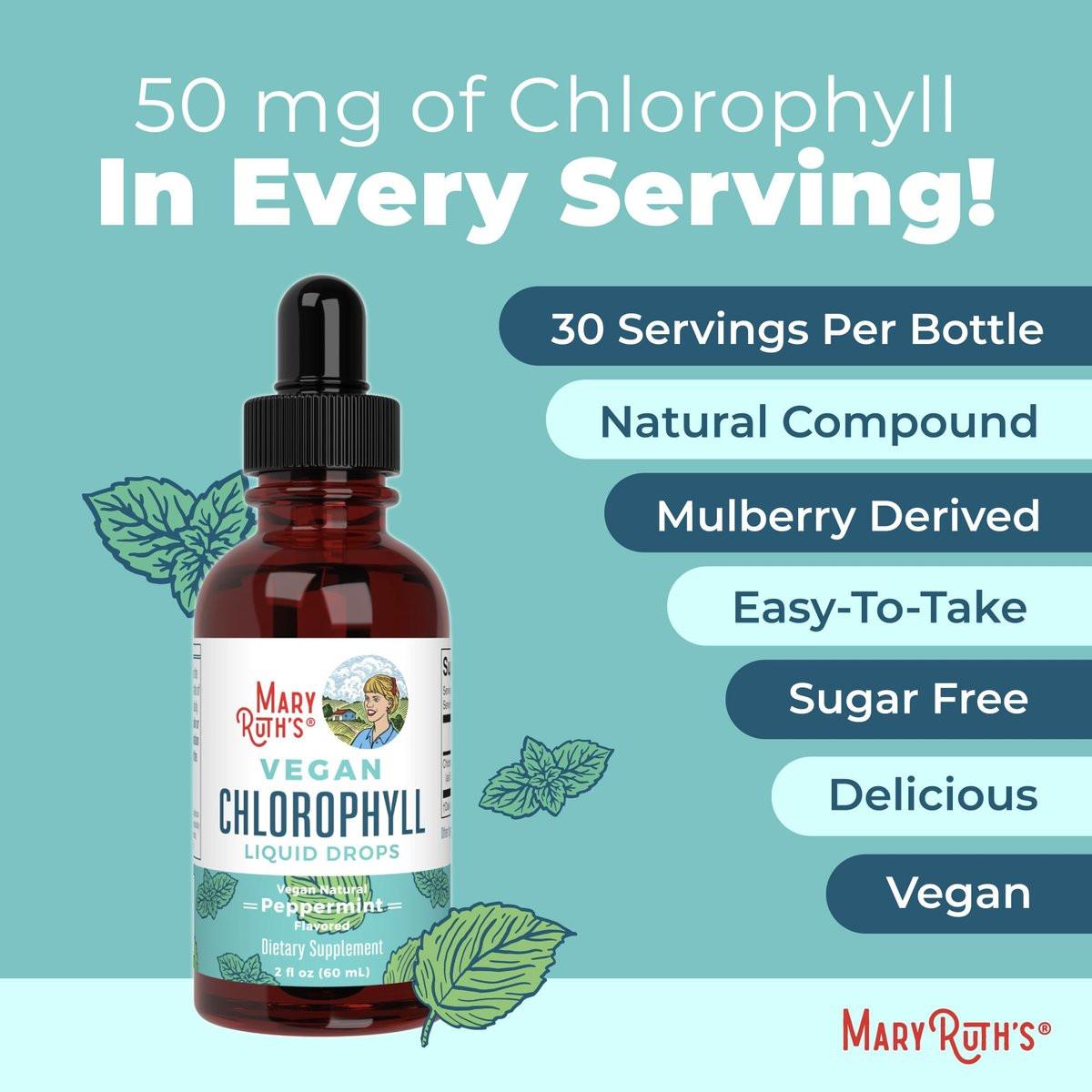 MaryRuth's Chlorophyll Liquid Drops | Clean Label Project Certified® | Vegan | Unverdünntes flüssiges Chlorophyll | Mulberry-Ergänzung für Erwachsene ab 14 Jahren | Nicht-GVO | Köstlicher Minzgeschmack | 2 Fl Oz