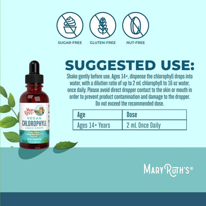 MaryRuth's Chlorophyll Liquid Drops | Clean Label Project Certified® | Vegan | Unverdünntes flüssiges Chlorophyll | Mulberry-Ergänzung für Erwachsene ab 14 Jahren | Nicht-GVO | Köstlicher Minzgeschmack | 2 Fl Oz