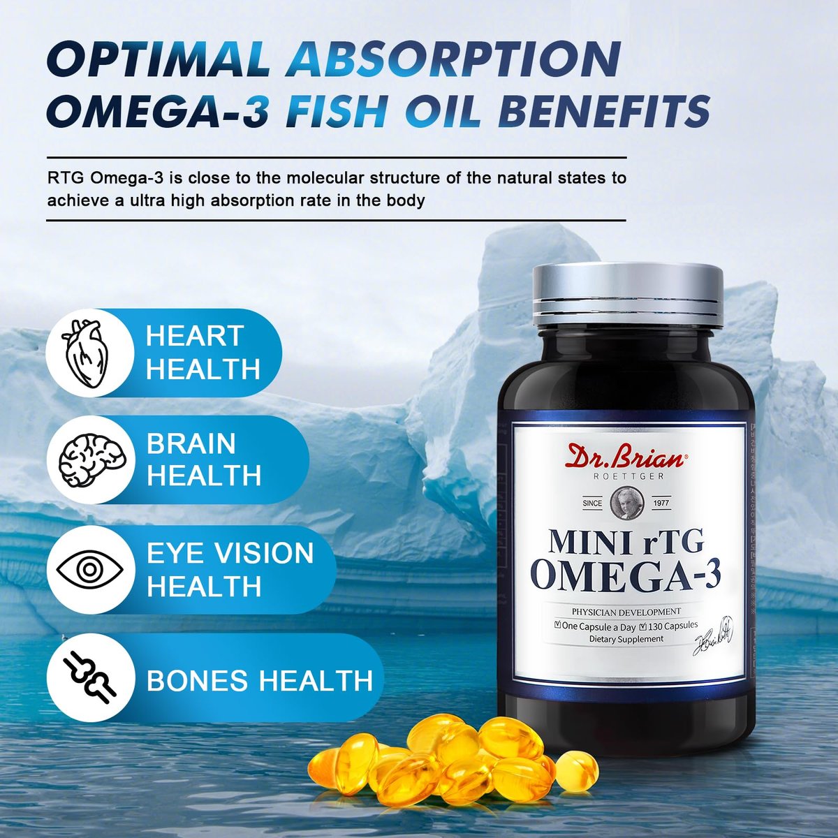 Dr. Brian Fischöl Supplement 130 Softgel – Hochabsorbierte rTG Mini Omega-3 Fischölkapseln mit EPA/DHA, Vitamin D & E – Unterstützt Herz, Gehirn & Immunsystem – Ohne fischigen Nachgeschmack