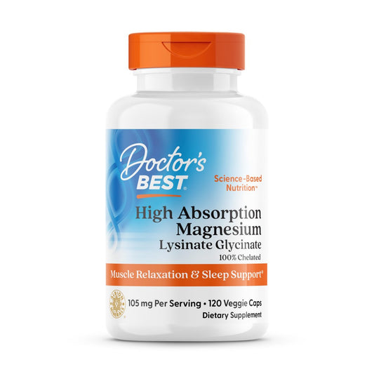 Doctor's Best Hochdosiertes Magnesiumglycinat-Lysinat für besseren Schlaf - Chelat-Magnesium Kapseln für Männer & Frauen, 105 mg pro Portion, beruhigend, vegan - 120 Kapseln