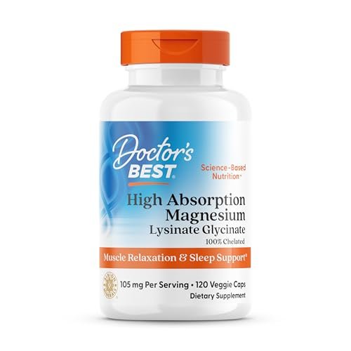 Doctor's Best Hochdosiertes Magnesiumglycinat-Lysinat für besseren Schlaf - Chelat-Magnesium Kapseln für Männer & Frauen, 105 mg pro Portion, beruhigend, vegan - 120 Kapseln