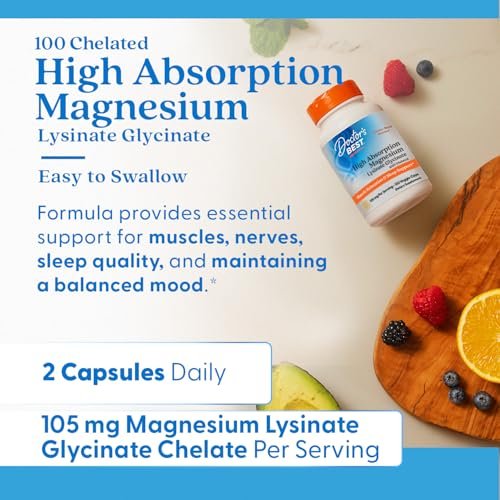 Doctor's Best Hochdosiertes Magnesiumglycinat-Lysinat für besseren Schlaf - Chelat-Magnesium Kapseln für Männer & Frauen, 105 mg pro Portion, beruhigend, vegan - 120 Kapseln
