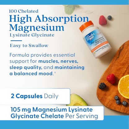 Doctor's Best Hochdosiertes Magnesiumglycinat-Lysinat für besseren Schlaf - Chelat-Magnesium Kapseln für Männer & Frauen, 105 mg pro Portion, beruhigend, vegan - 120 Kapseln
