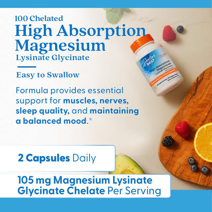Doctor's Best Hochdosiertes Magnesiumglycinat-Lysinat für besseren Schlaf - Chelat-Magnesium Kapseln für Männer & Frauen, 105 mg pro Portion, beruhigend, vegan - 120 Kapseln