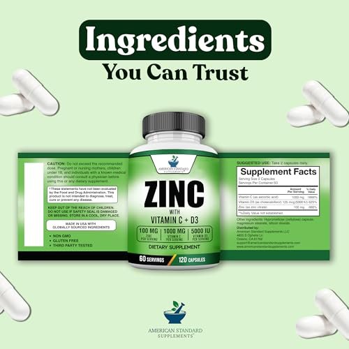American Standard Supplements Zink 100mg, Vitamin C 1000mg und Vitamin D3 5000 IE (125mcg) pro Portion - Glutenfrei, Nicht-GVO, 120 Kapseln, 60 Portionen