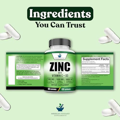 American Standard Supplements Zink 100mg, Vitamin C 1000mg und Vitamin D3 5000 IE (125mcg) pro Portion - Glutenfrei, Nicht-GVO, 120 Kapseln, 60 Portionen