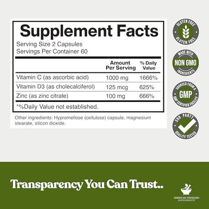 American Standard Supplements Zink 100mg, Vitamin C 1000mg und Vitamin D3 5000 IE (125mcg) pro Portion - Glutenfrei, Nicht-GVO, 120 Kapseln, 60 Portionen