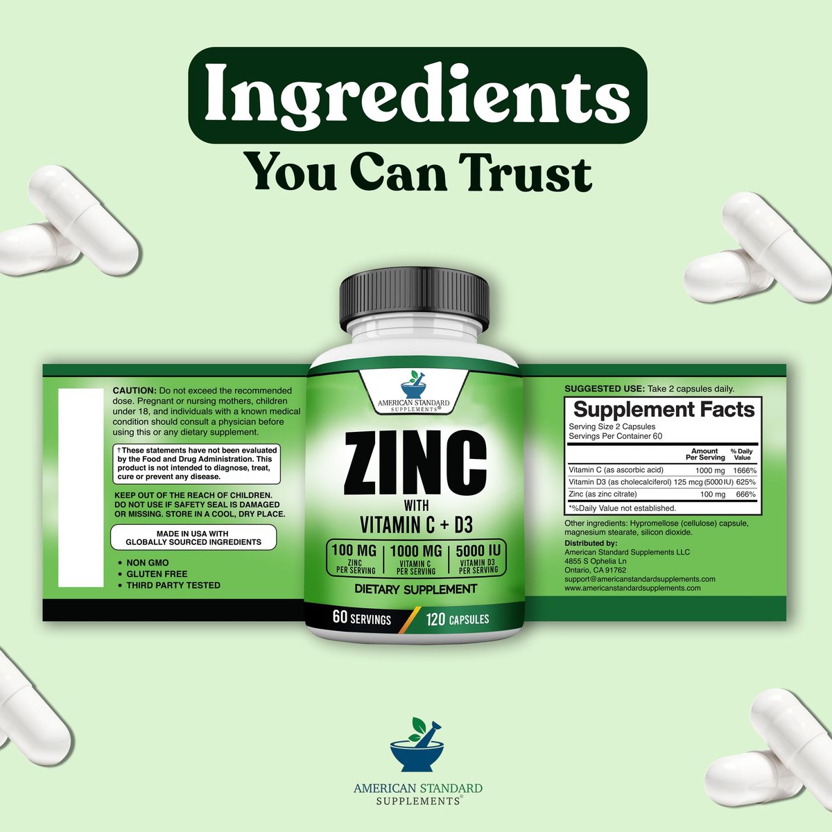 American Standard Supplements Zink 100mg, Vitamin C 1000mg und Vitamin D3 5000 IE (125mcg) pro Portion - Glutenfrei, Nicht-GVO, 120 Kapseln, 60 Portionen
