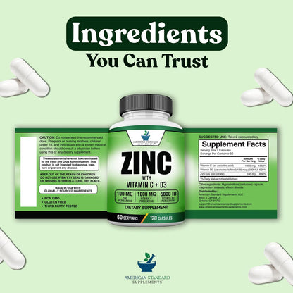 American Standard Supplements Zink 100mg, Vitamin C 1000mg und Vitamin D3 5000 IE (125mcg) pro Portion - Glutenfrei, Nicht-GVO, 120 Kapseln, 60 Portionen
