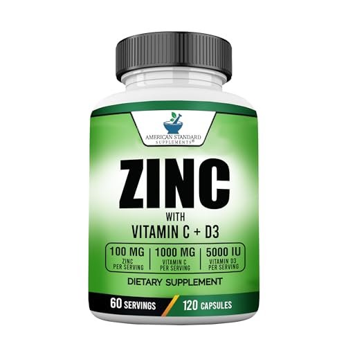 American Standard Supplements Zink 100mg, Vitamin C 1000mg und Vitamin D3 5000 IE (125mcg) pro Portion - Glutenfrei, Nicht-GVO, 120 Kapseln, 60 Portionen