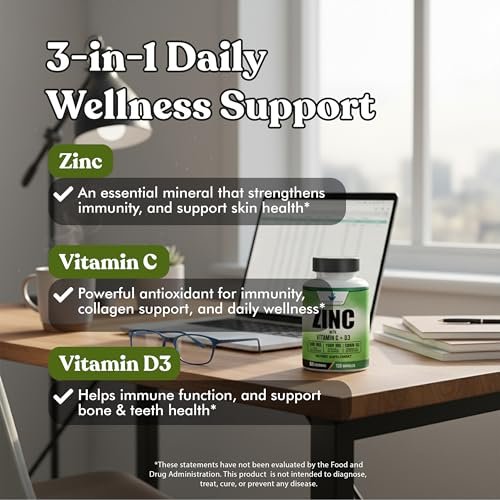 American Standard Supplements Zink 100mg, Vitamin C 1000mg und Vitamin D3 5000 IE (125mcg) pro Portion - Glutenfrei, Nicht-GVO, 120 Kapseln, 60 Portionen