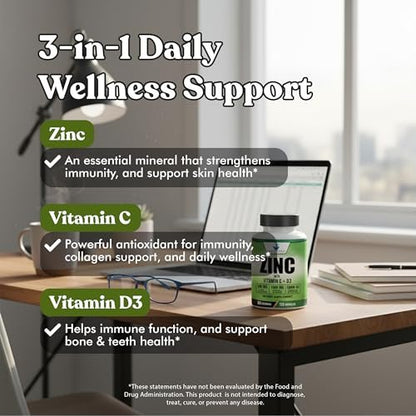 American Standard Supplements Zink 100mg, Vitamin C 1000mg und Vitamin D3 5000 IE (125mcg) pro Portion - Glutenfrei, Nicht-GVO, 120 Kapseln, 60 Portionen