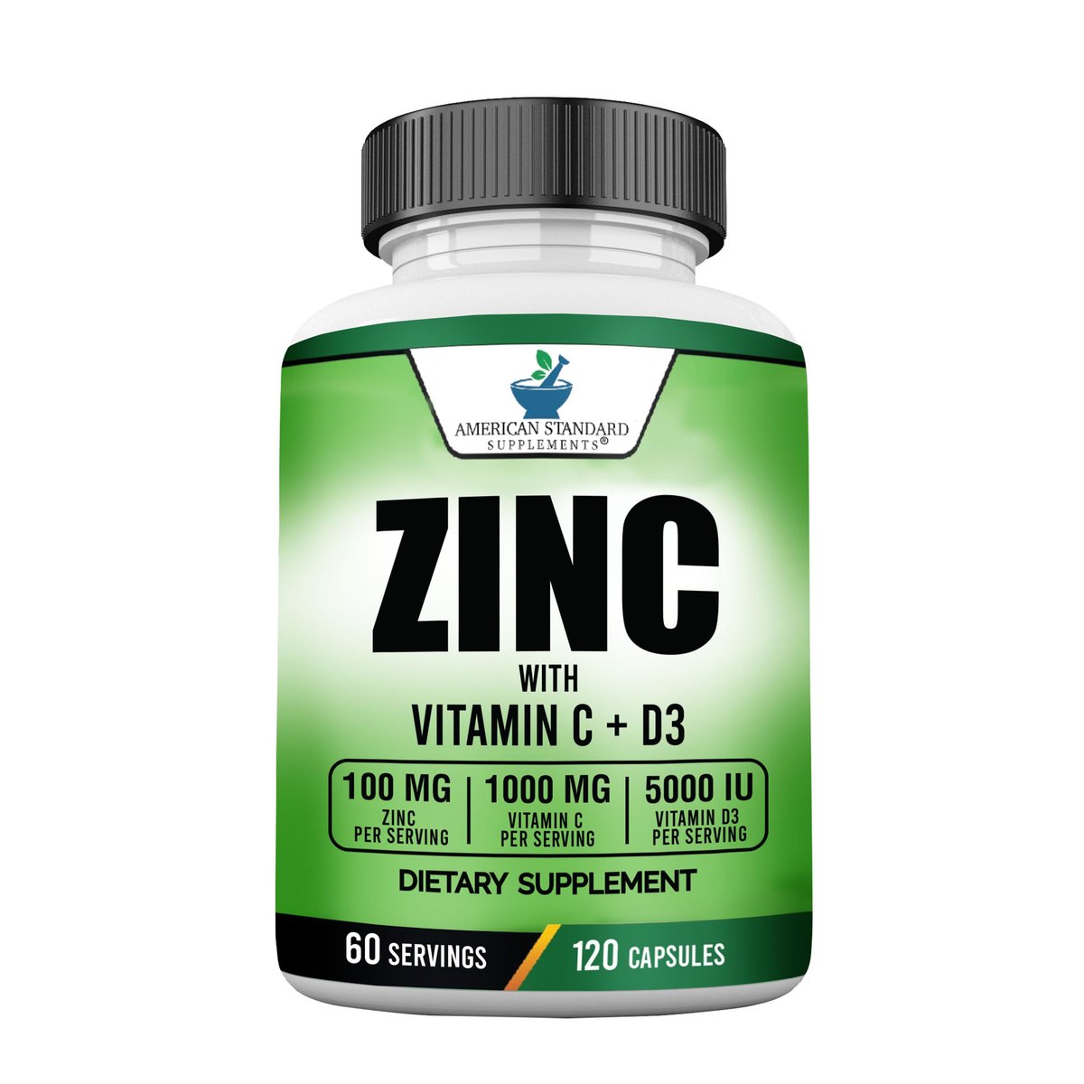American Standard Supplements Zink 100mg, Vitamin C 1000mg und Vitamin D3 5000 IE (125mcg) pro Portion - Glutenfrei, Nicht-GVO, 120 Kapseln, 60 Portionen