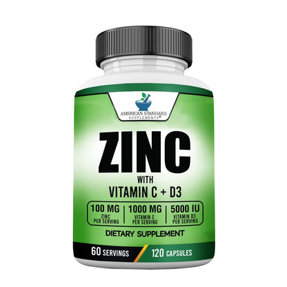 American Standard Supplements Zink 100mg, Vitamin C 1000mg und Vitamin D3 5000 IE (125mcg) pro Portion - Glutenfrei, Nicht-GVO, 120 Kapseln, 60 Portionen