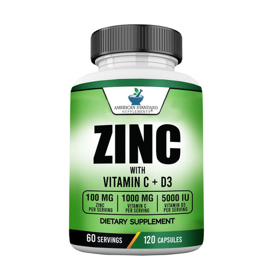 American Standard Supplements Zink 100mg, Vitamin C 1000mg und Vitamin D3 5000 IE (125mcg) pro Portion - Glutenfrei, Nicht-GVO, 120 Kapseln, 60 Portionen
