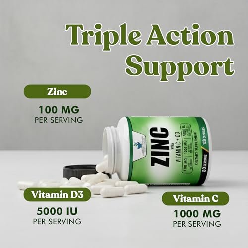 American Standard Supplements Zink 100mg, Vitamin C 1000mg und Vitamin D3 5000 IE (125mcg) pro Portion - Glutenfrei, Nicht-GVO, 120 Kapseln, 60 Portionen