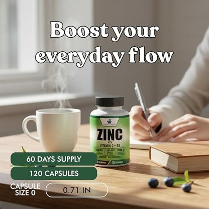 American Standard Supplements Zink 100mg, Vitamin C 1000mg und Vitamin D3 5000 IE (125mcg) pro Portion - Glutenfrei, Nicht-GVO, 120 Kapseln, 60 Portionen