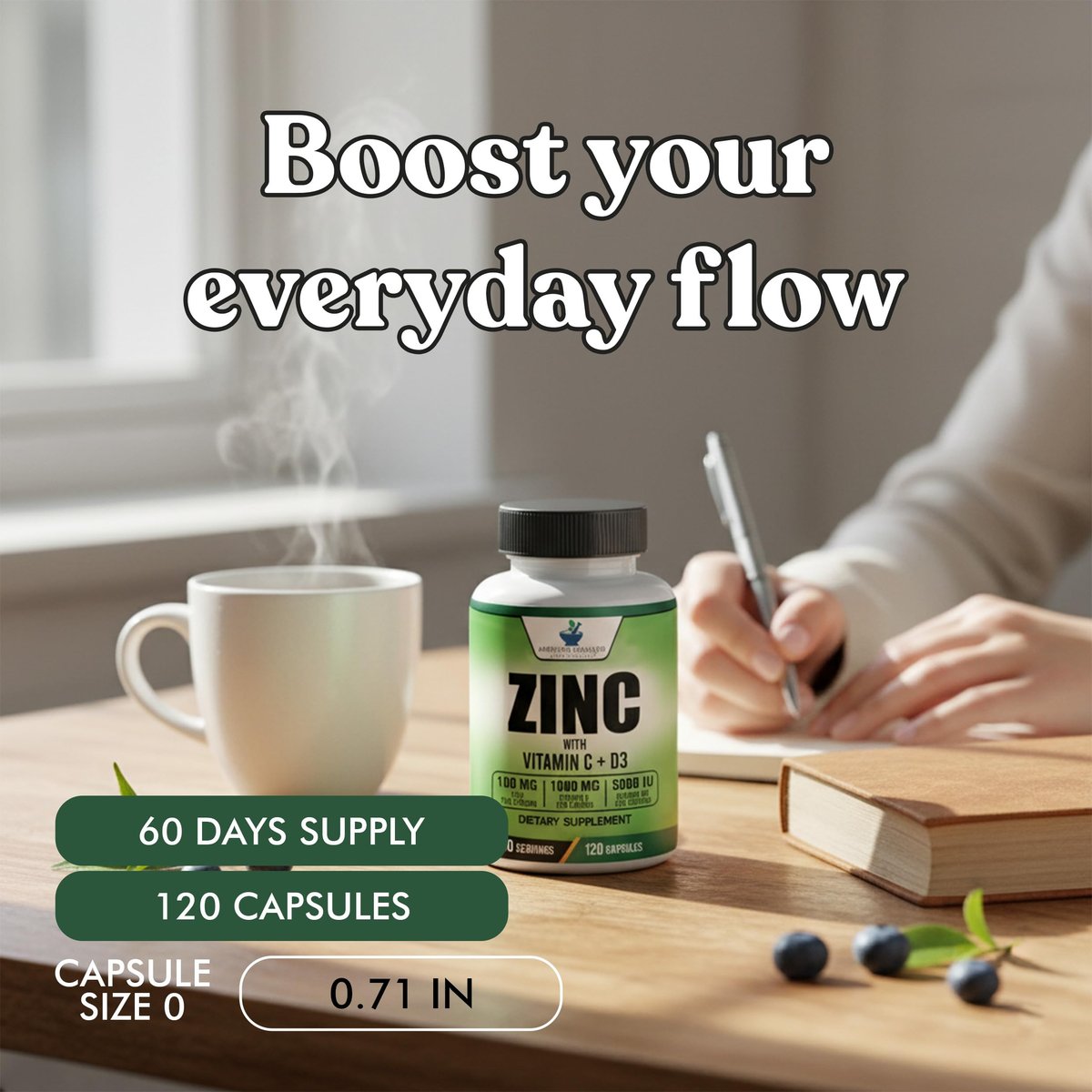 American Standard Supplements Zink 100mg, Vitamin C 1000mg und Vitamin D3 5000 IE (125mcg) pro Portion - Glutenfrei, Nicht-GVO, 120 Kapseln, 60 Portionen