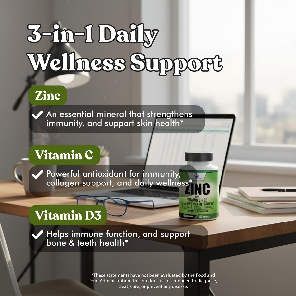 American Standard Supplements Zink 100mg, Vitamin C 1000mg und Vitamin D3 5000 IE (125mcg) pro Portion - Glutenfrei, Nicht-GVO, 120 Kapseln, 60 Portionen