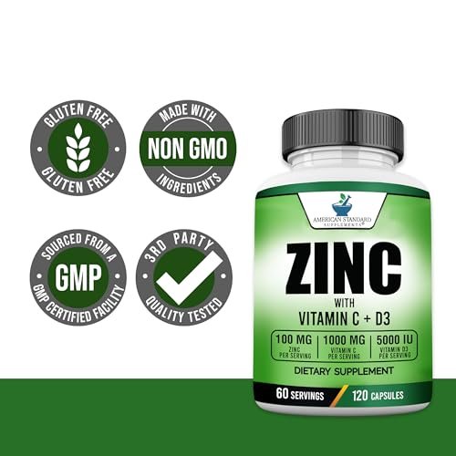 American Standard Supplements Zink 100mg, Vitamin C 1000mg und Vitamin D3 5000 IE (125mcg) pro Portion - Glutenfrei, Nicht-GVO, 120 Kapseln, 60 Portionen