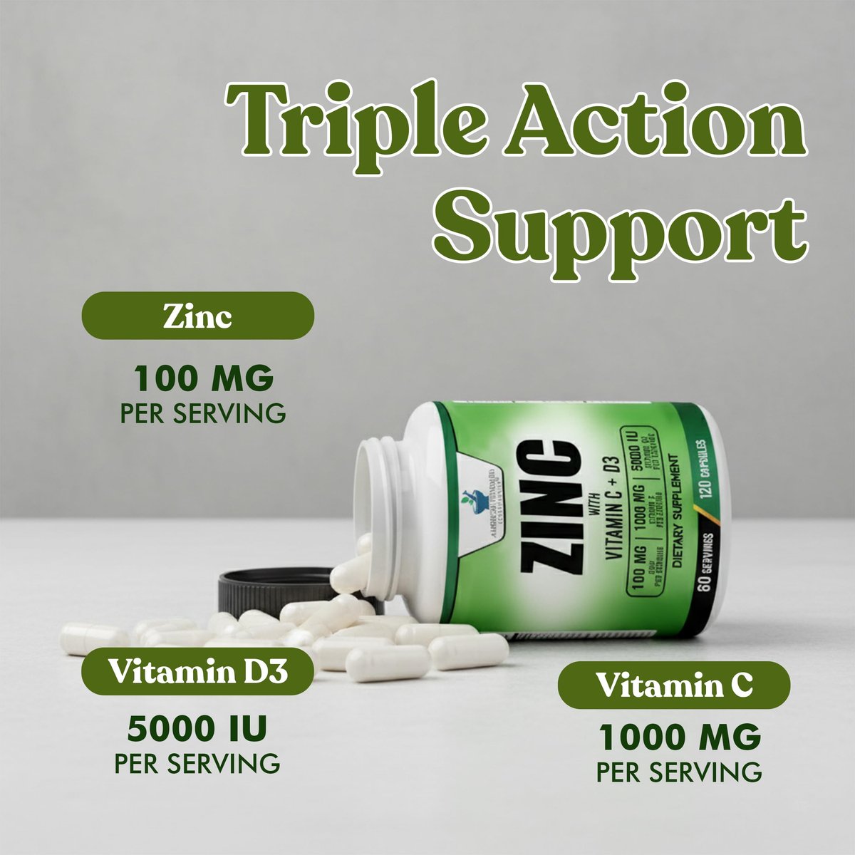 American Standard Supplements Zink 100mg, Vitamin C 1000mg und Vitamin D3 5000 IE (125mcg) pro Portion - Glutenfrei, Nicht-GVO, 120 Kapseln, 60 Portionen