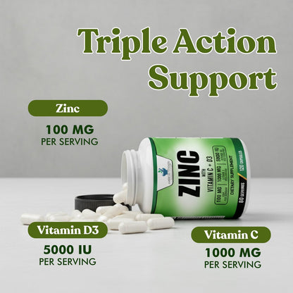 American Standard Supplements Zink 100mg, Vitamin C 1000mg und Vitamin D3 5000 IE (125mcg) pro Portion - Glutenfrei, Nicht-GVO, 120 Kapseln, 60 Portionen