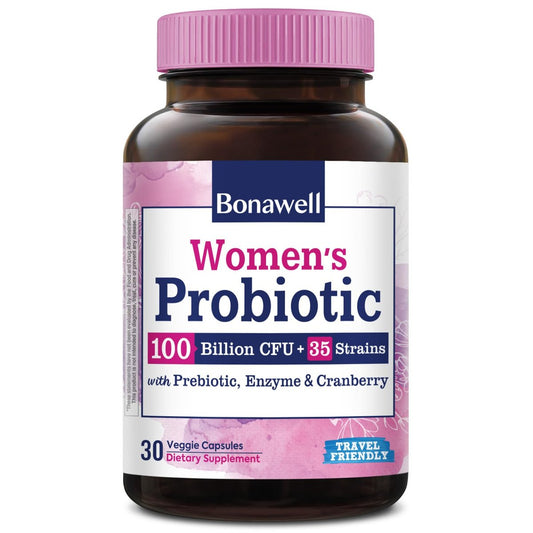 Bonawell Probiotika für Frauen 100B, mit Präbiotika, Verdauungsenzymen, Bio-Cranberry, Lagerstabil, 30 vegane Kapseln